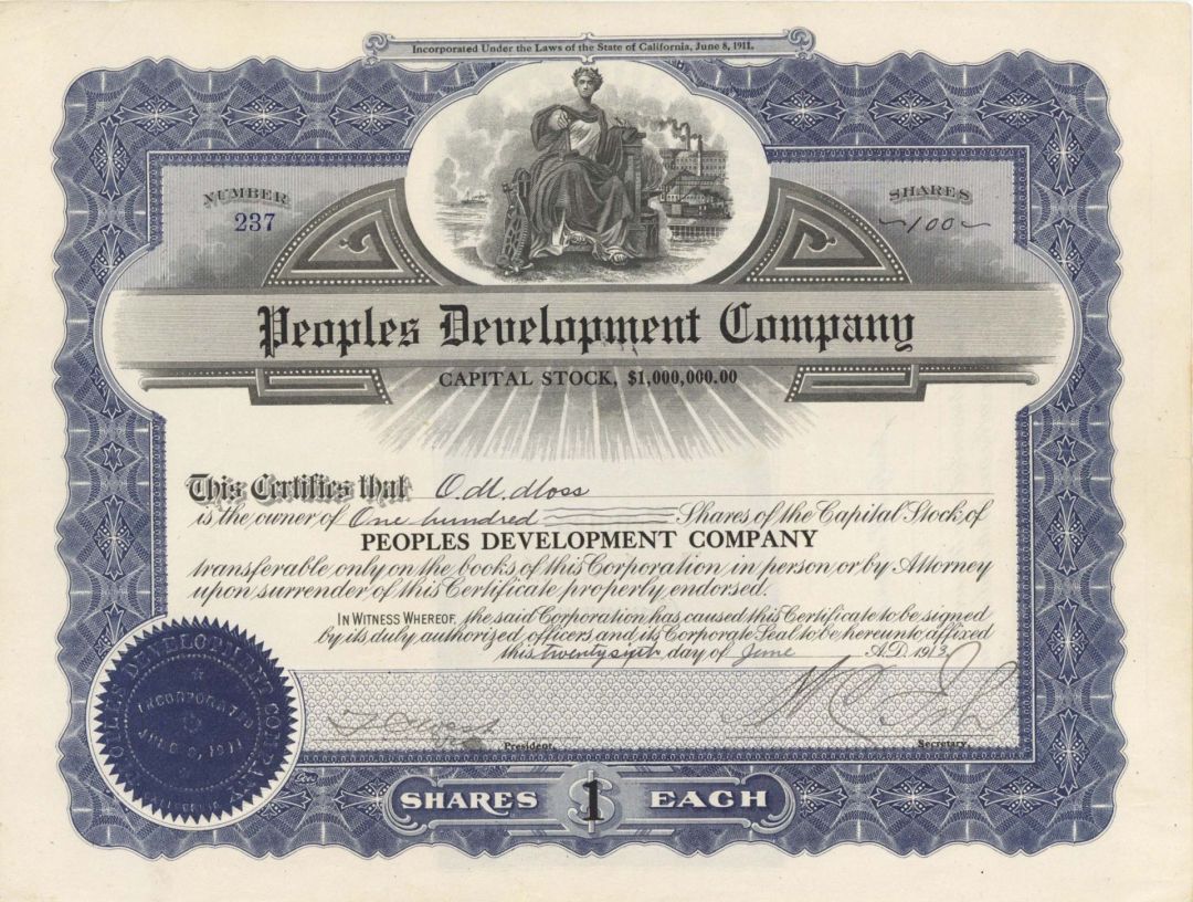 Peoples Development Co. - 1913 dated Stock Certificate