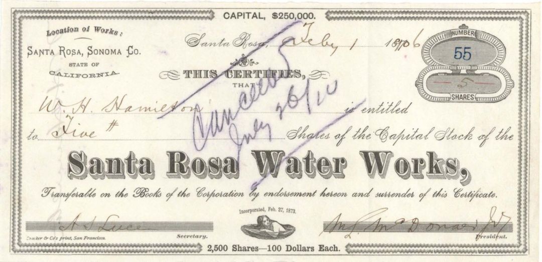 Santa Rosa Water Works - 1906 dated Stock Certificate