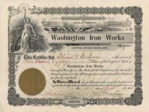 Washington Iron Works - 1908 dated Stock Certificate