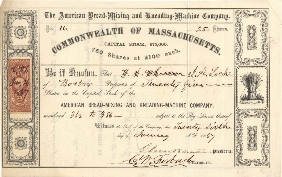 American Bread-Mixing and Kneading-Machine Co. - 1867 dated Stock Certificate