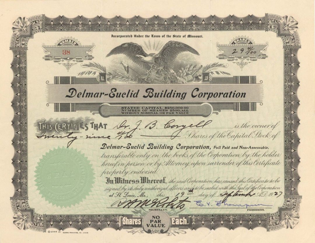 Delmar-Euclid Building Corp. - 1927 dated Stock Certificate