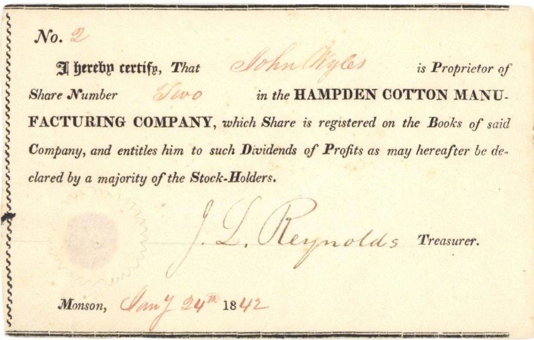 Hampden Cotton Manufacturing Co. - 1842 dated Stock Certificate