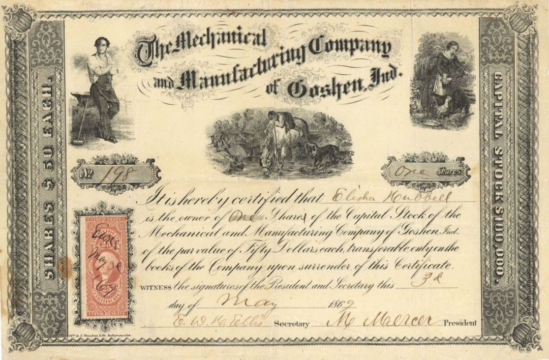 Mechanical and Manufacturing Company of Goshen, Ind. - 1869 dated Stock Certificate