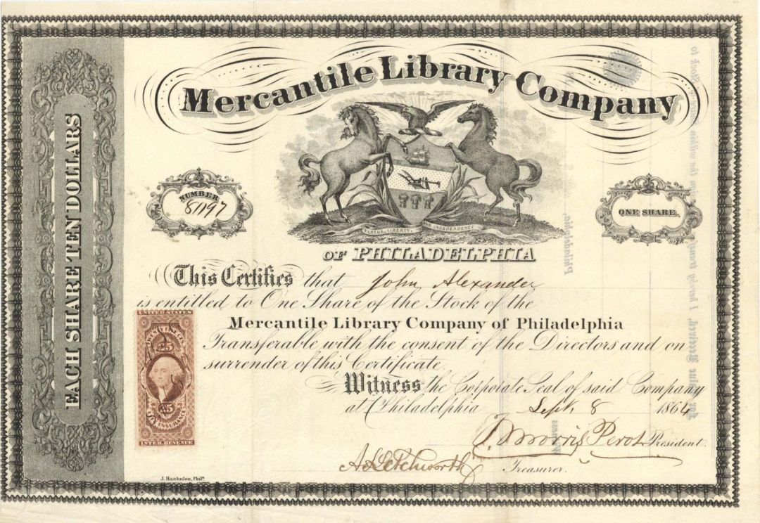 Mercantile Library Company of Philadelphia - 1864 dated Stock Certificate