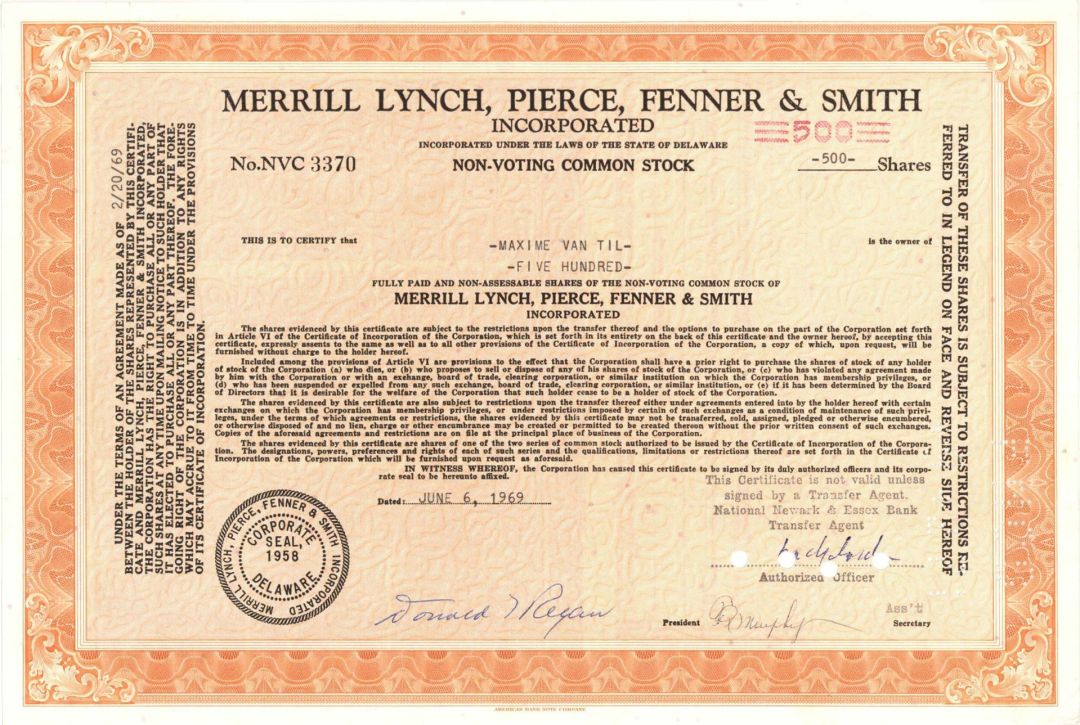 Merrill Lynch, Pierce, Fenner and Smith Inc. - 1969 dated Stock Certificate