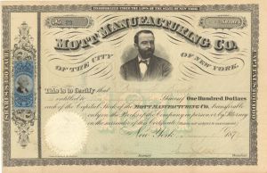 Mott Manufacturing Company of the City of New York - 1872 dated Stock Certificate