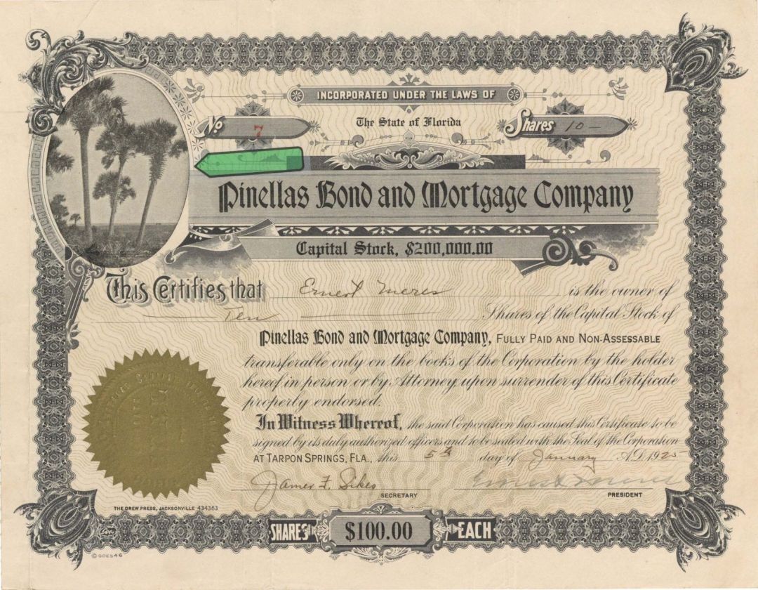 Pinellas Bond and Mortgage Co. - 1925 dated Stock Certificate