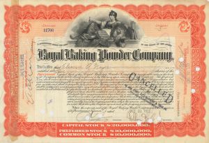 Royal Baking Powder Co. - 1922 dated Stock Certificate