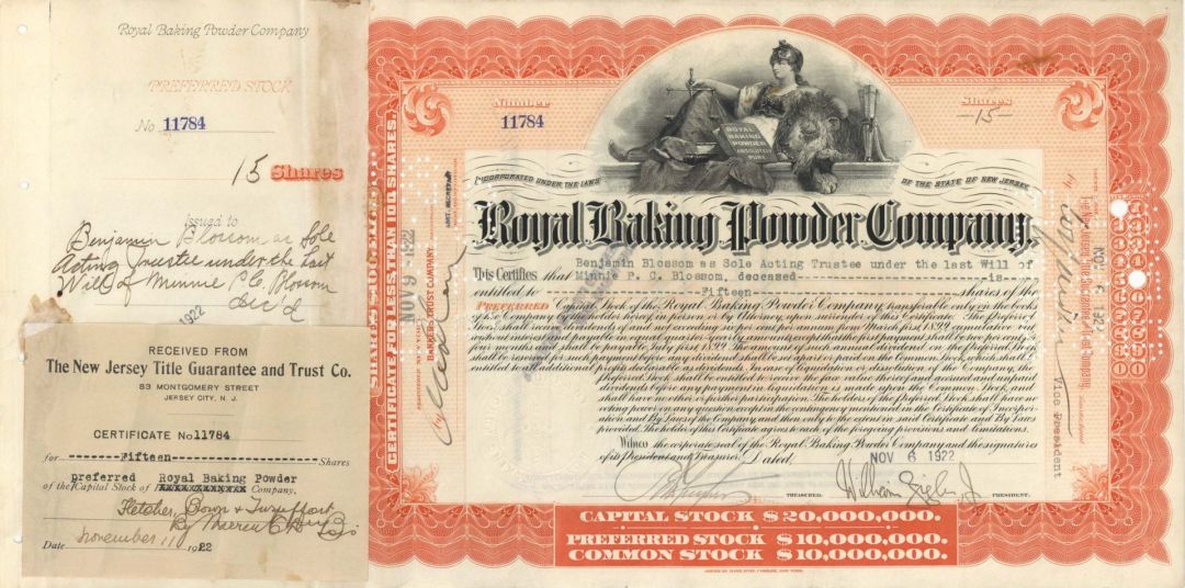 Royal Baking Powder Co. - 1922 dated Stock Certificate