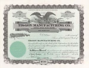 Tis-Gon Manufacturing Co. - 1939 dated Stock Certificate