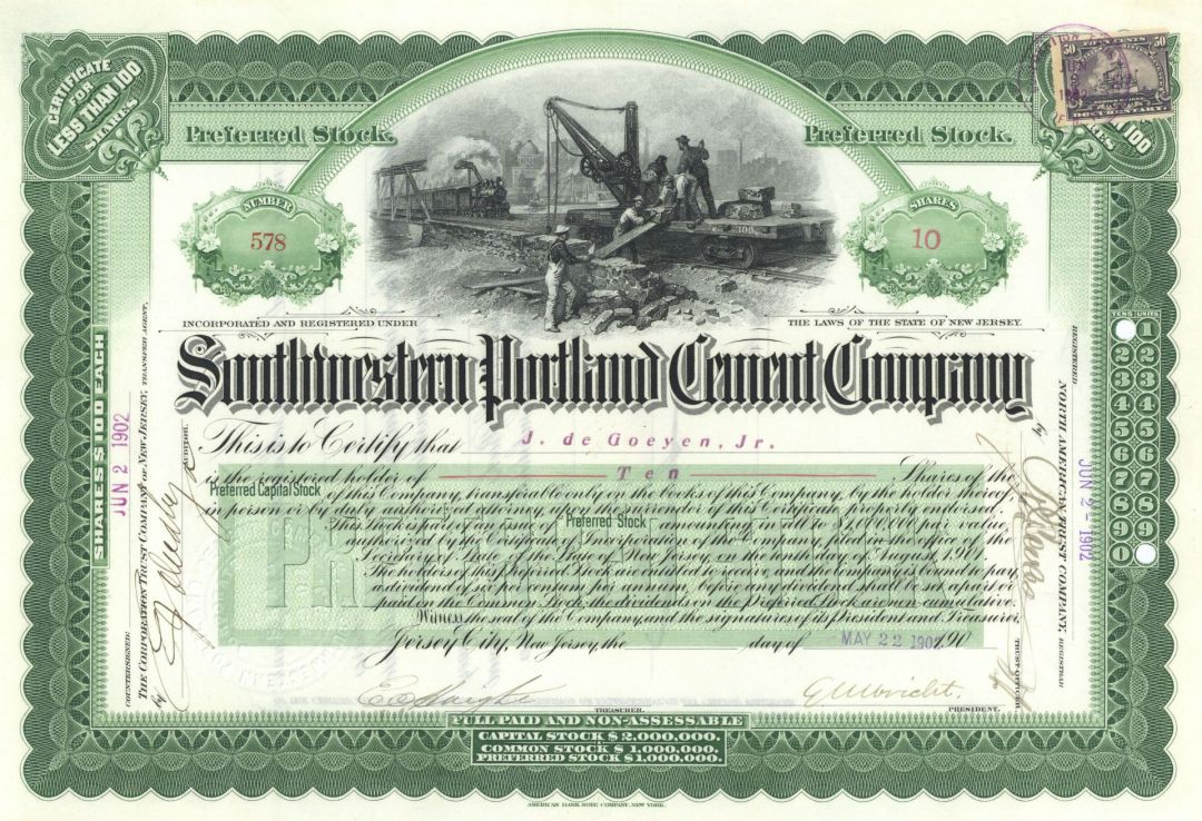 Southwestern Portland Cement Co. - Gorgeous Vignette - 1902 dated Stock Certificate