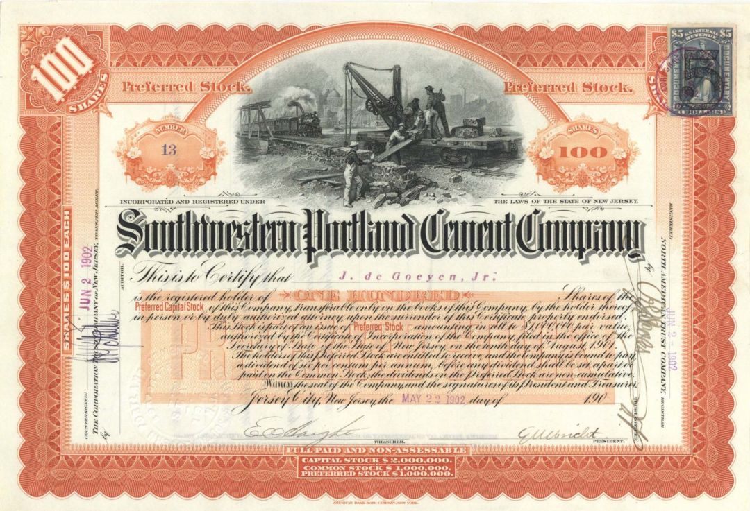 Southern Portland Cement Co. - 1902 dated Stock Certificate