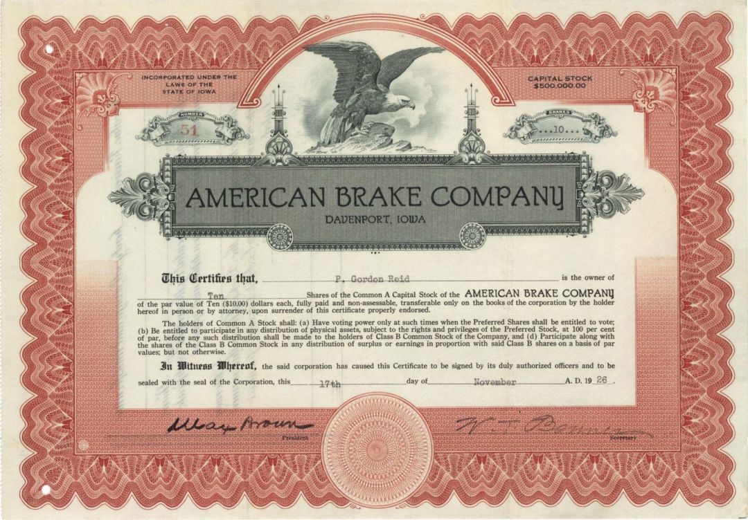 American Brake Co. - 1926 dated Stock Certificate