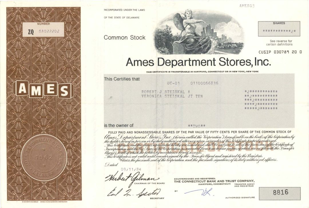 Ames Department Stores, Inc. - 1984 dated Stock Certificate