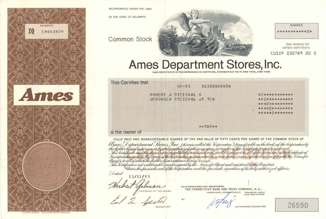 Ames Department Stores, Inc. - 1985 dated Stock Certificate