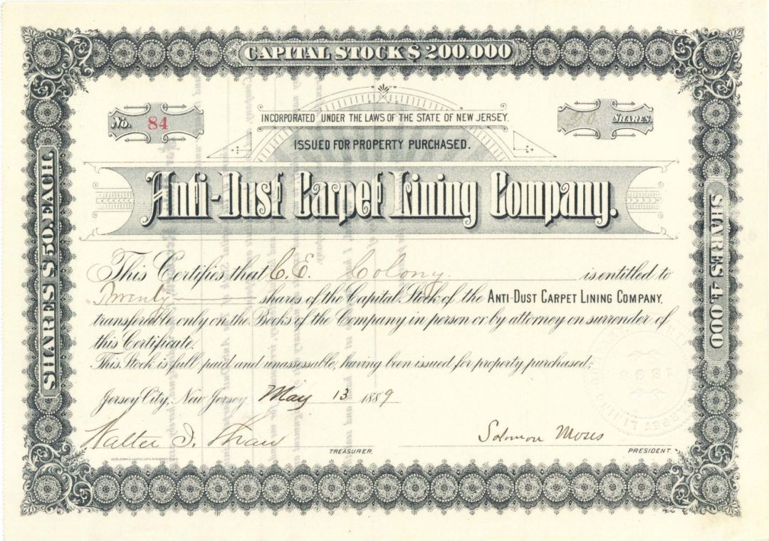 Anti-Dust Carpet Lining Co. - 1889 dated Stock Certificate