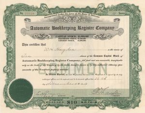 Automatic Bookkeeping Register Co. - 1919 dated Stock Certificate