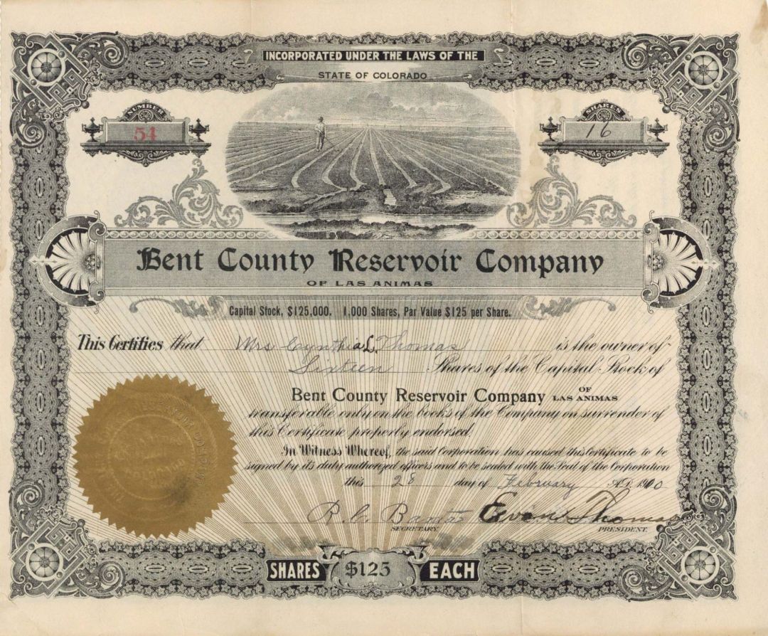 Bent County Reservoir Co. - 1910 dated Stock Certificate