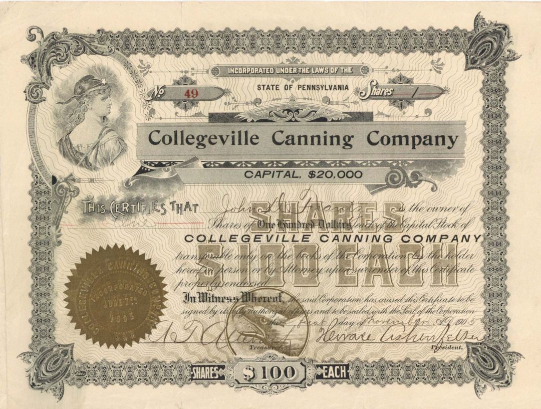 Collegeville Canning Co. - 1905 dated Stock Certificate