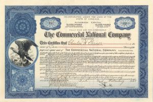 Commercial National Company Inc. - 1927 dated Stock Certificate