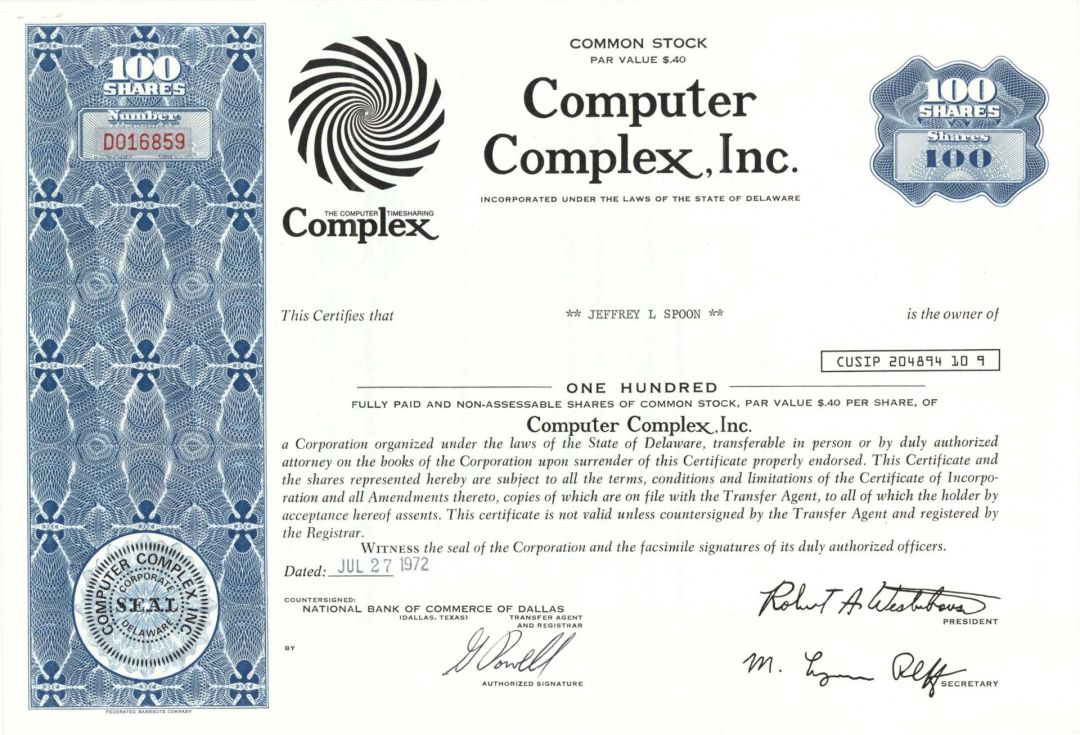 Computer Complex, Inc. - 1972 dated Stock Certificate