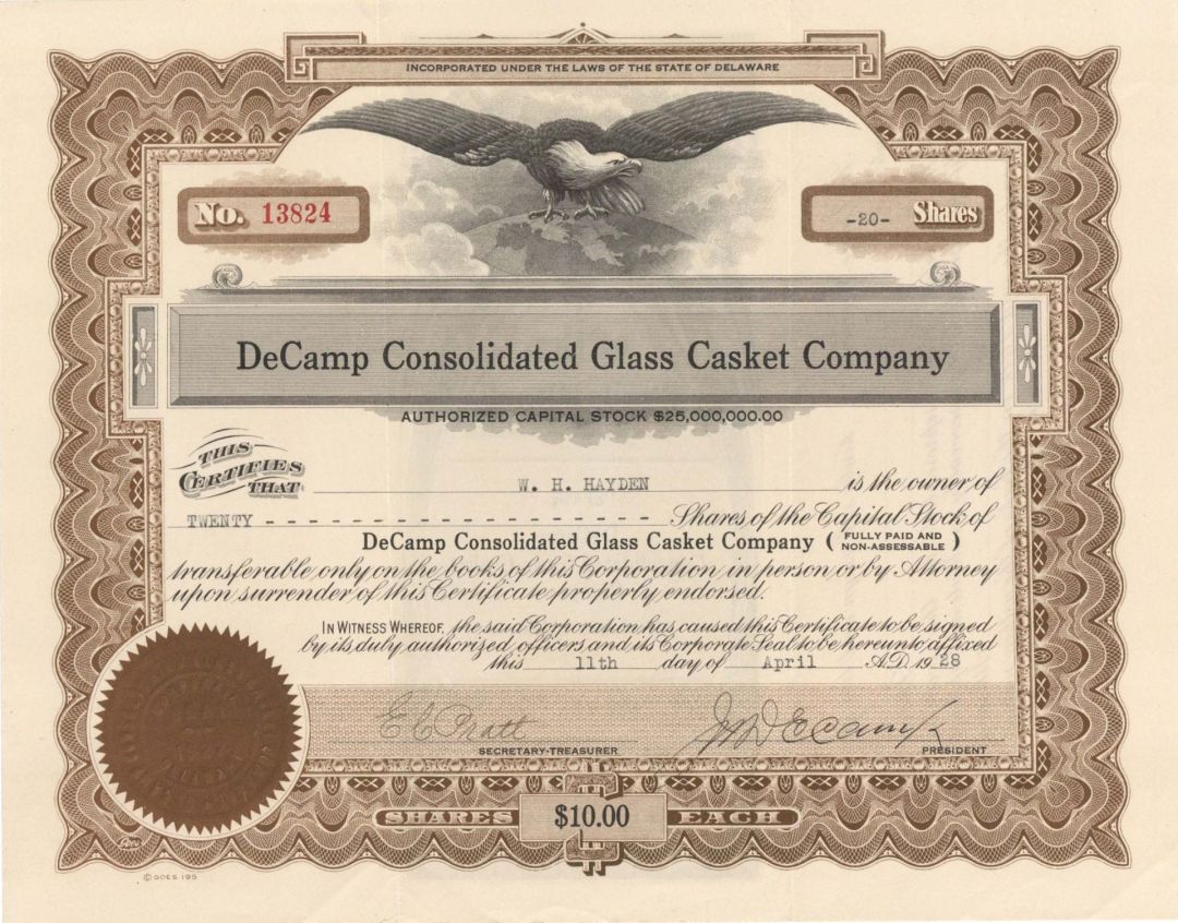 DeCamp Consolidated Glass Casket Co. - 1928 dated Stock Certificate