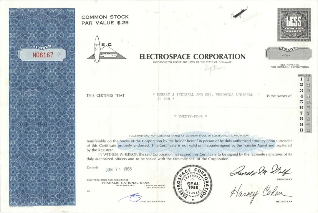 Electrospace Corp. - 1968-1973 dated Stock Certificate