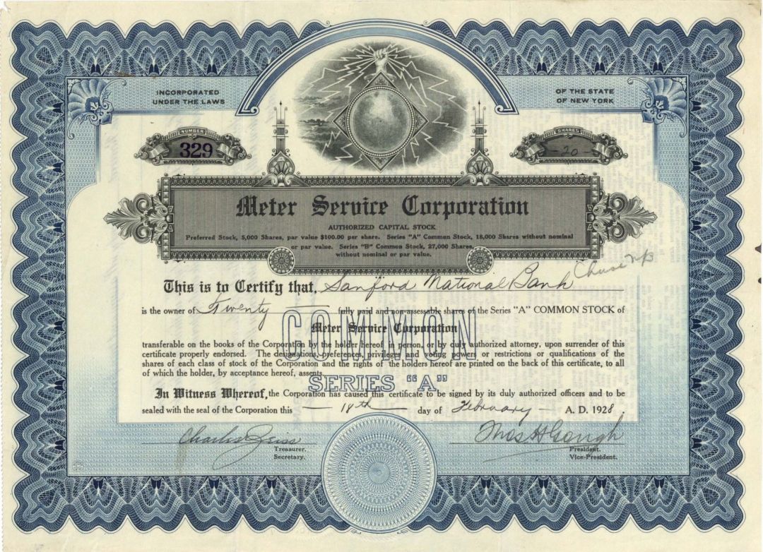 Meter Service Corp. - 1928 dated Stock Certificate