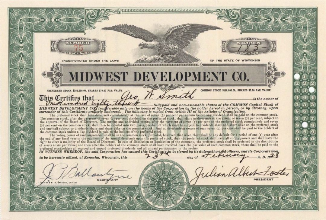 Midwest Development Co. - 1928 dated Stock Certificate