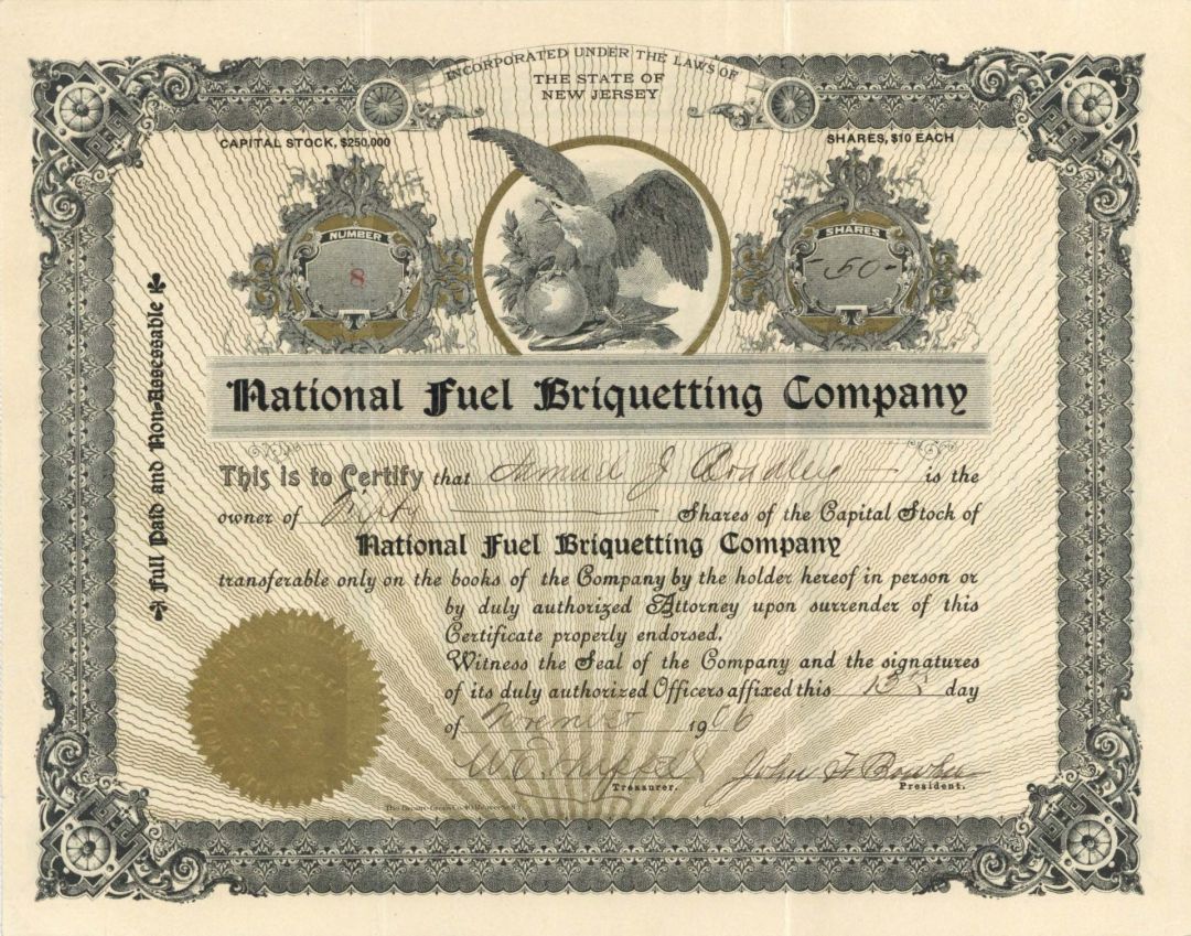 National Fuel Briquetting Co. - 1906 dated Stock Certificate