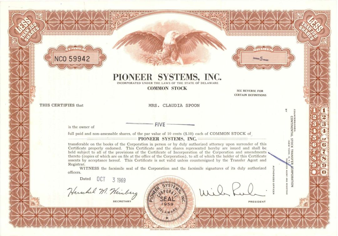 Pioneer Systems, Inc. - 1969 or 1972 dated Stock Certificate