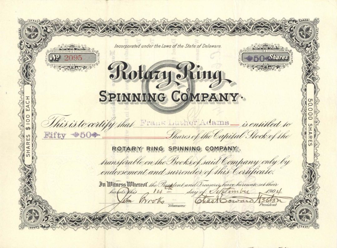 Rotary Ring Spinning Co. - 1904 dated Stock Certificate