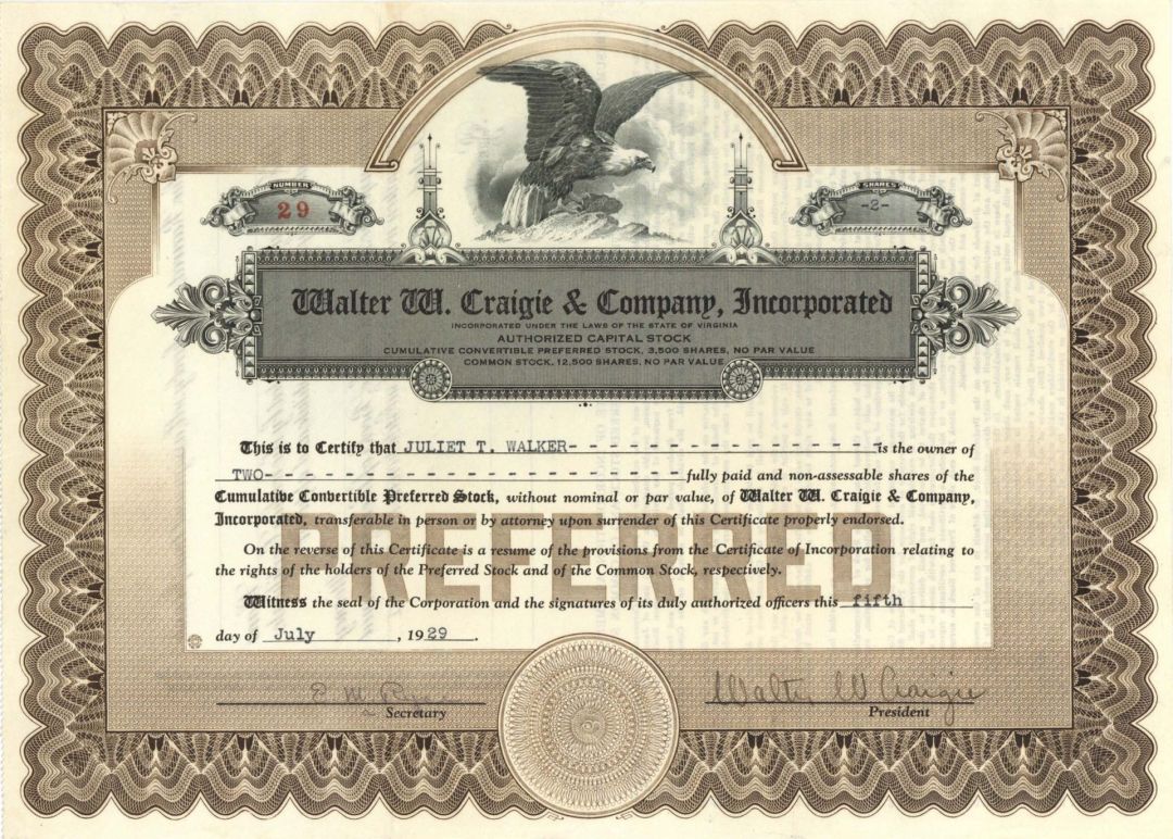 Walter W. Craigie and Company, Inc. - 1929 dated Stock Certificate