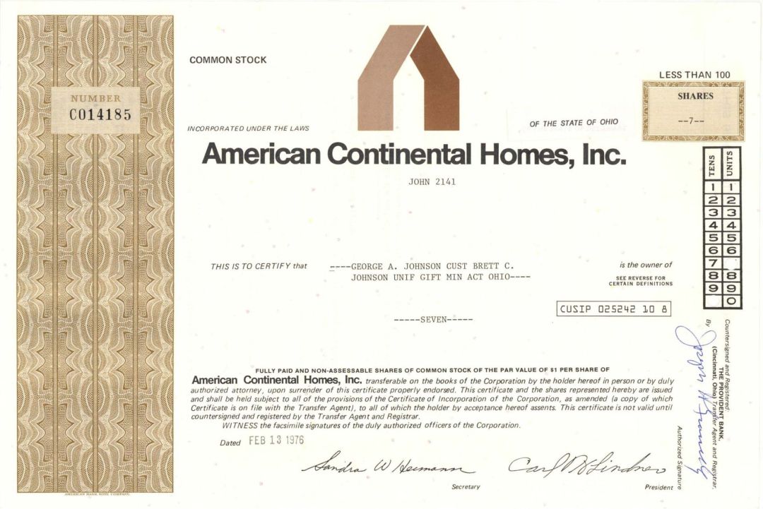 American Continental Homes, Inc. -  1976 dated Stock Certificate