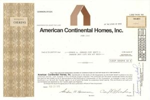 American Continental Homes, Inc. -  1976 dated Stock Certificate