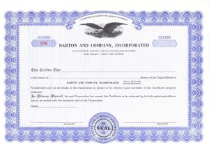 Barton and Company, Inc. -  Unissued Stock Certificate