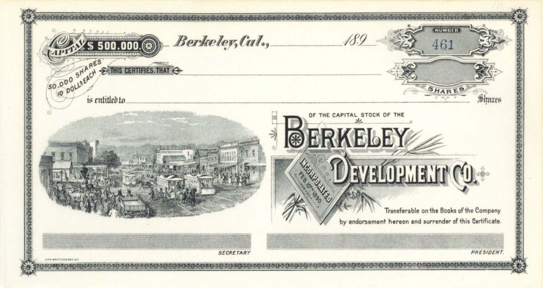 Berkeley Development Co. -  Unissued Stock Certificate