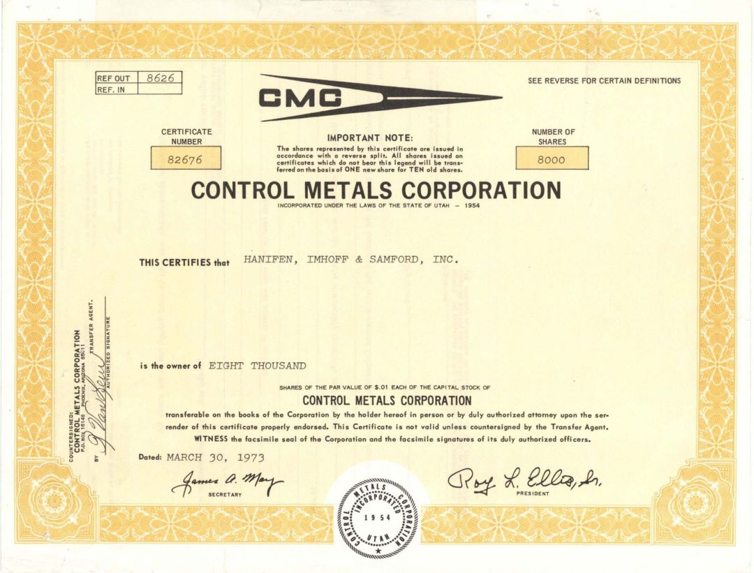 Control Metals Corp. (CMC) -  1973 dated Stock Certificate