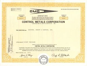 Control Metals Corp. (CMC) -  1973 dated Stock Certificate