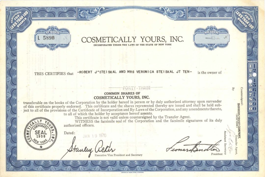 Cosmetically Yours, Inc. -  1970 dated Stock Certificate