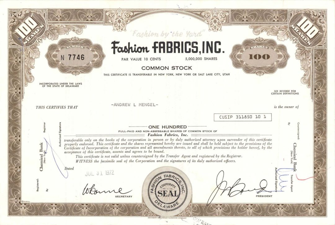 Fashion Fabrics, Inc. -  1972 dated Stock Certificate