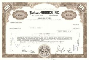 Fashion Fabrics, Inc. -  1972 dated Stock Certificate