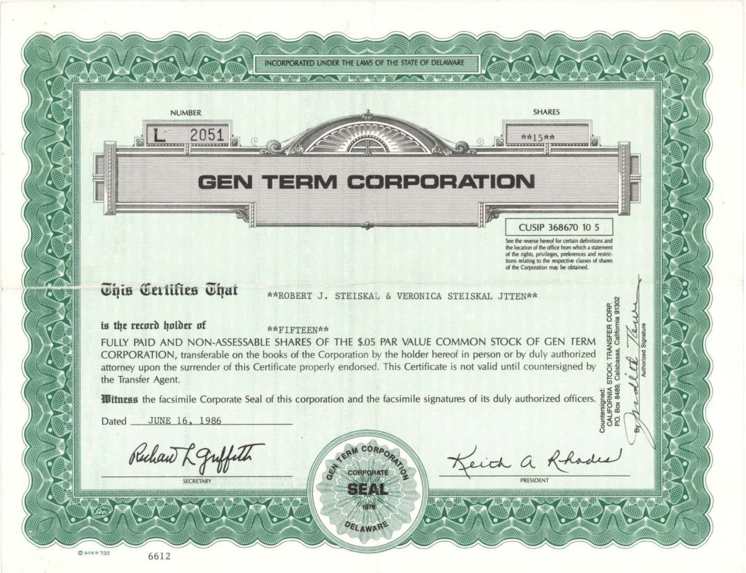 Gen Term Corp. -  1986 dated Stock Certificate