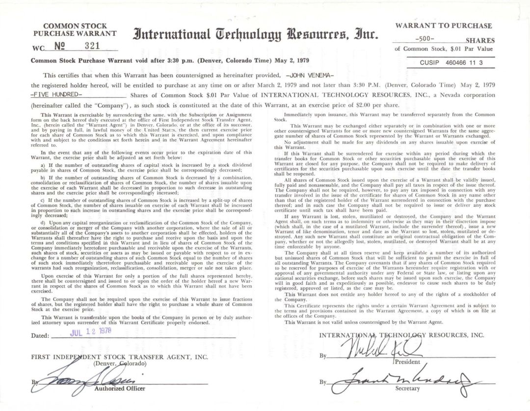 International Technology Resources, Inc. -  1978 dated Stock Certificate