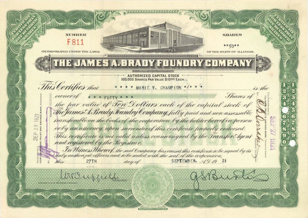 James A. Brady Foundry Co. -  1921 dated Stock Certificate