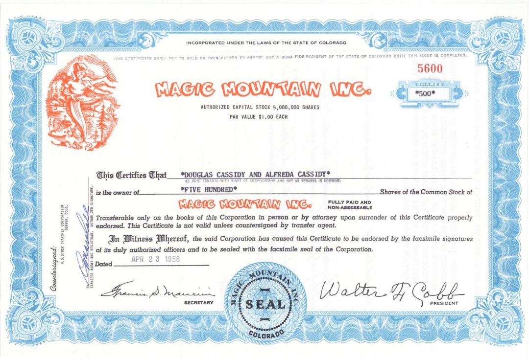 Magic Mountain Inc. -  1958 dated Stock Certificate