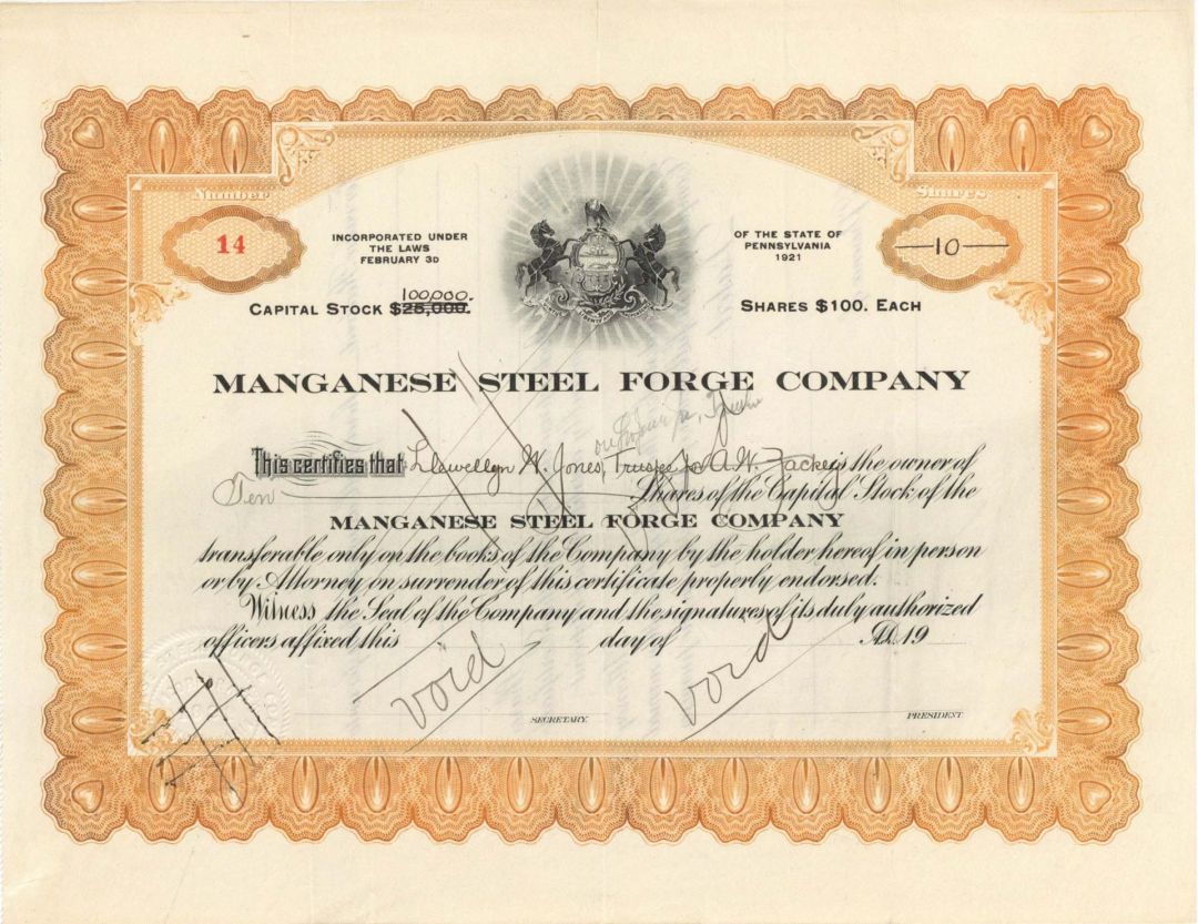 Maganese Steel Forge Co. -  Voided Stock Certificate