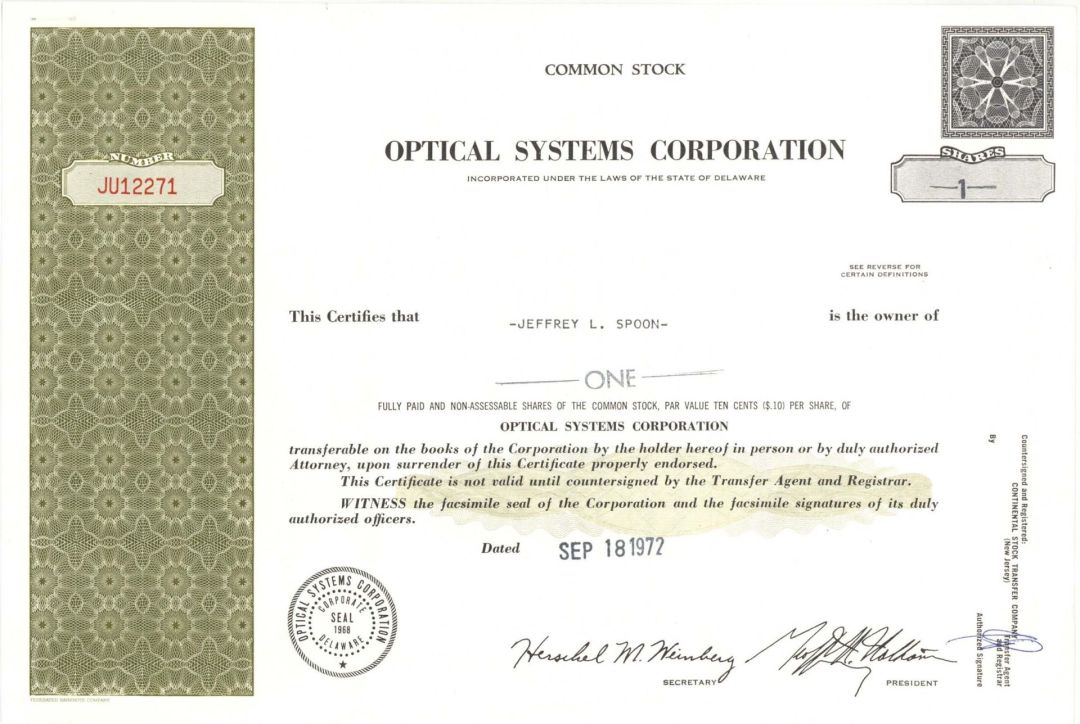 Optical Systems Corp. -  1972 dated Stock Certificate