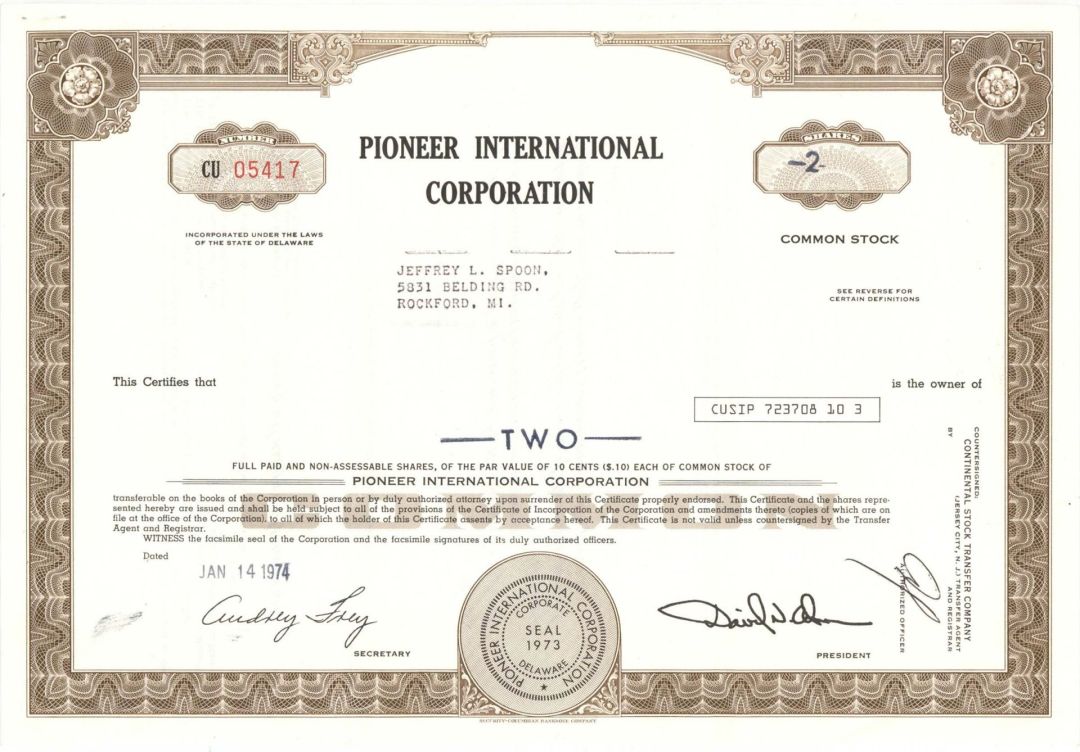 Pioneer International Corp. -  1974 dated Stock Certificate