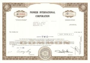 Pioneer International Corp. -  1974 dated Stock Certificate